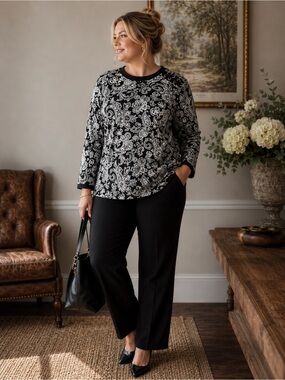 Rafaella 2X Black White Paisley Cotton Knit Top Lace-Up Shoulder Plus Size